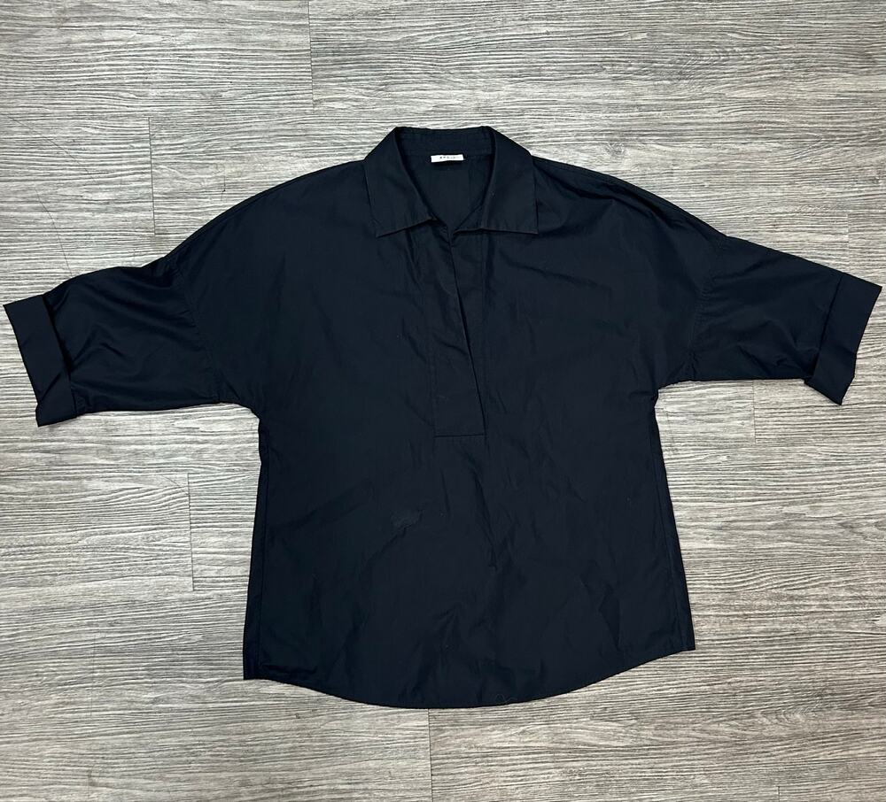 Akris Punto Black Designer Popover Shirt Blouse Collared Short Sleeve Size S